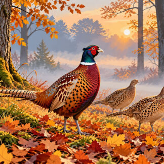 Birds: Autumn Pheasants in a Misty Woodland