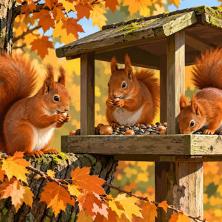 Animals: Autumn Squirrels at a Wooden Feeder