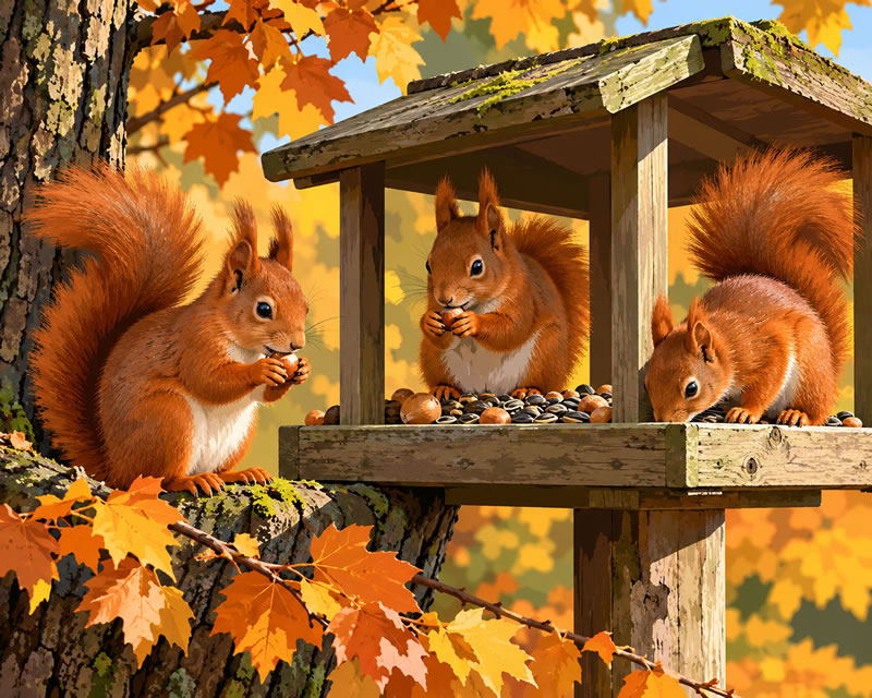 Autumn Squirrels at a Wooden Feeder