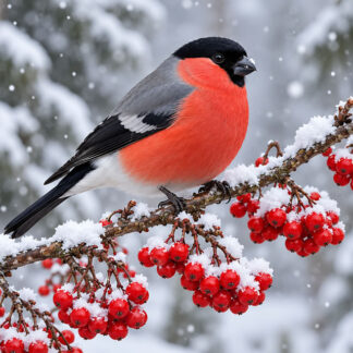 Birds: Bullfinch Among Snowy Red Berries