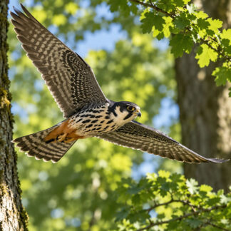 Birds: Eurasian Hobby Gliding Through Sunlit Woodland