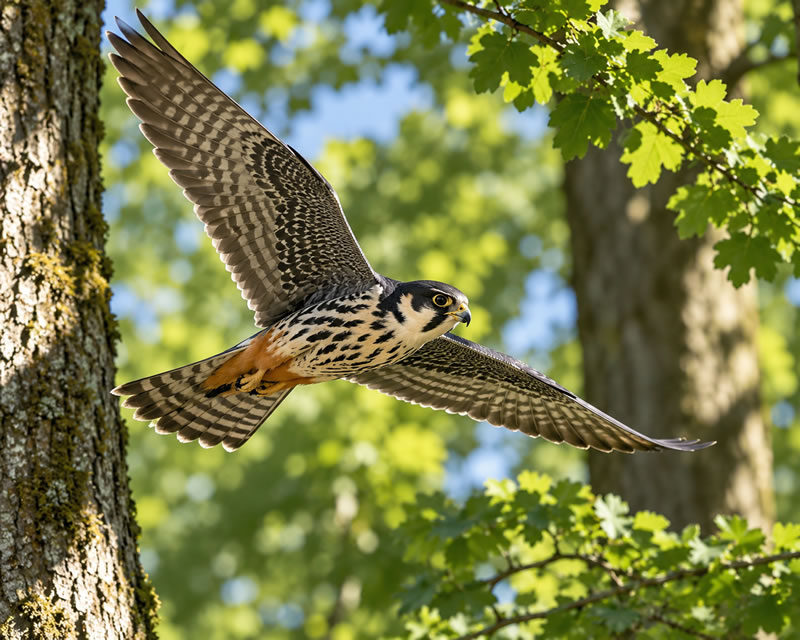 Eurasian Hobby Gliding Through Sunlit Woodland