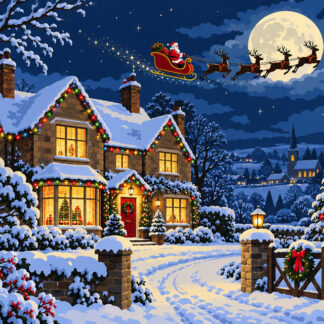 Christmas: Father Christmas Over Winter Cottage