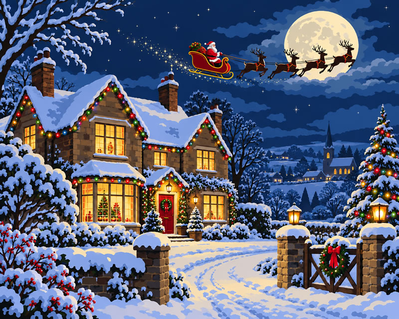 Father Christmas Over Winter Cottage