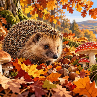 Animals: Hedgehog Amid Autumn Woodland Treasures