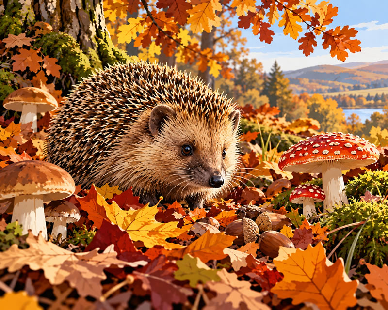 Hedgehog Amid Autumn Woodland Treasures