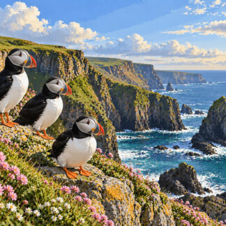 Birds: Puffins on a dramatic coastal cliff Birds: Puffins on a dramatic coastal cliff