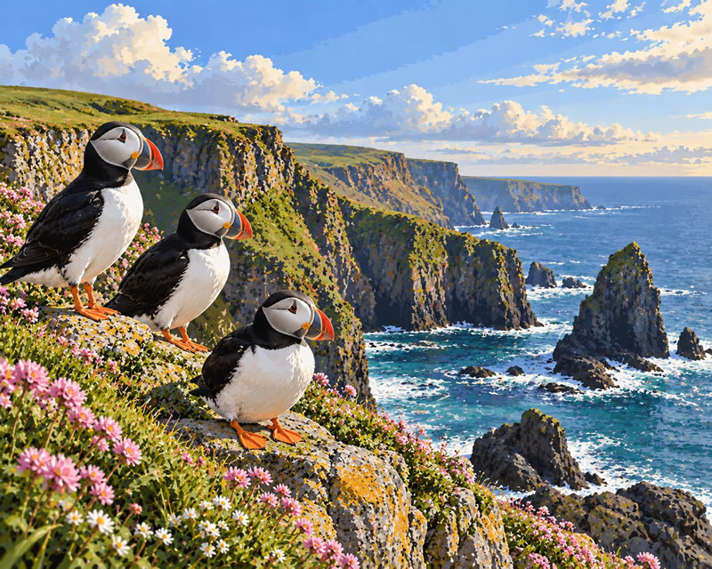 Puffins on a dramatic coastal cliff