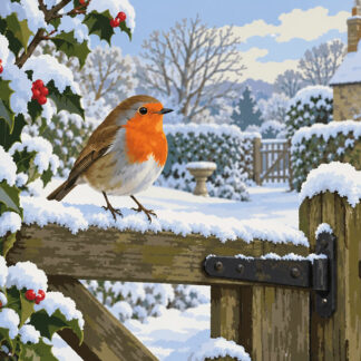Birds: Robin on a snowy garden gate Birds: Robin on a snowy garden gate