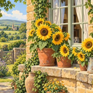 Flowers: Sunflowers by an English Cottage Window