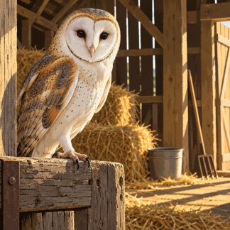 Birds: Sunlit Barn Owl in a Rustic Stable