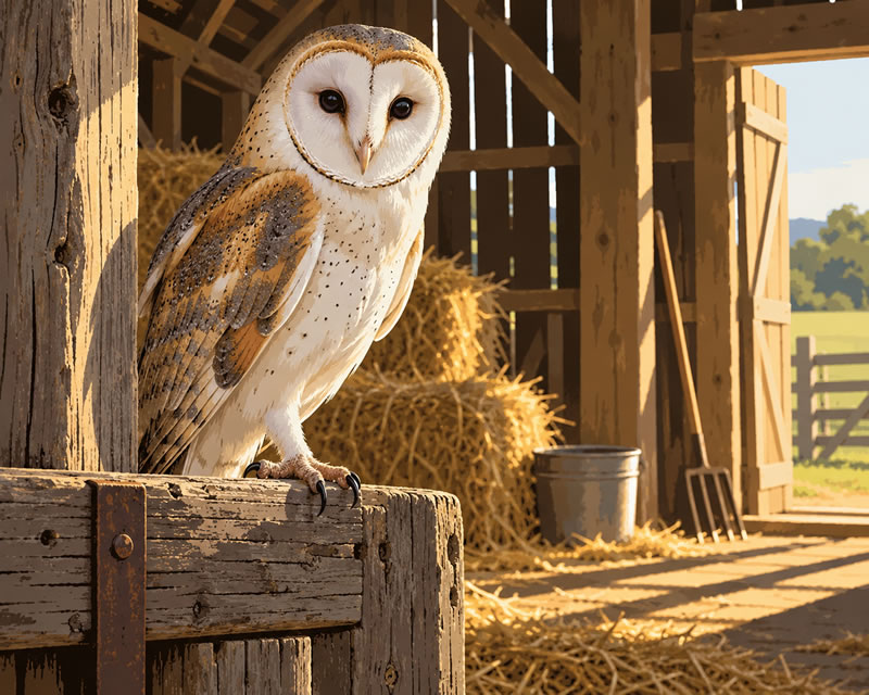 Sunlit Barn Owl in a Rustic Stable
