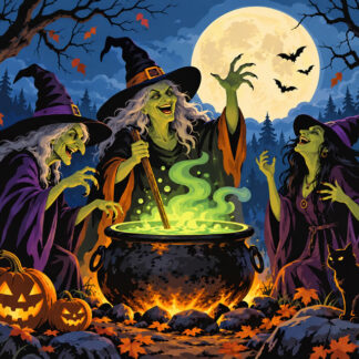 Horror: Cackling Witches by Moonlit Cauldron