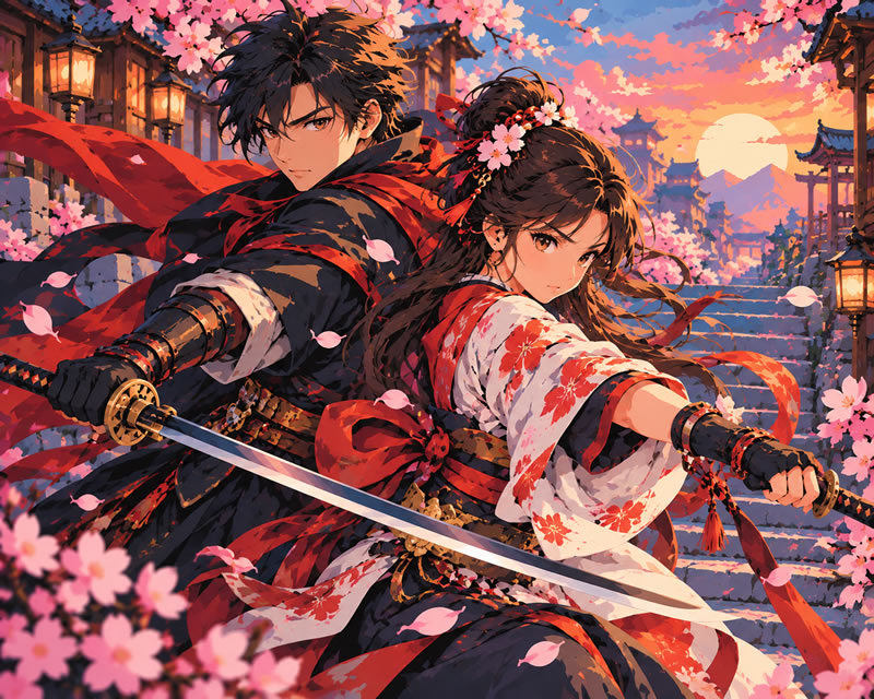 Cherry Blossom Samurai at Dusk