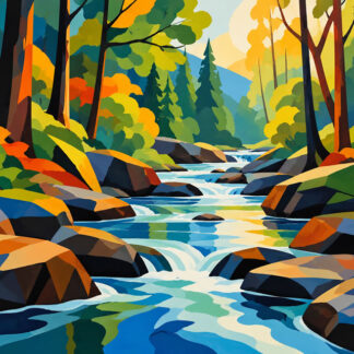 Abstract: Cubist Forest River in Sunlight Abstract: Cubist Forest River in Sunlight