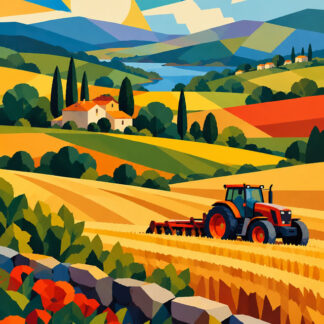 Abstract: Cubist Harvest Valley with Tractor
