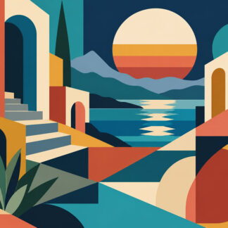 Abstract: Geometric Sunset Landscape with Arches and Water