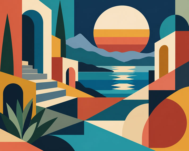 Geometric Sunset Landscape with Arches and Water
