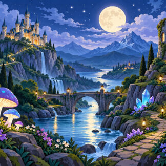 Fantasy: Moonlit Castle Valley with Glowing Lanterns Fantasy: Moonlit Castle Valley with Glowing Lanterns