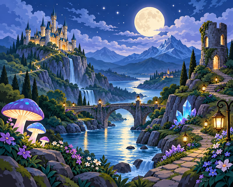 Moonlit Castle Valley with Glowing Lanterns