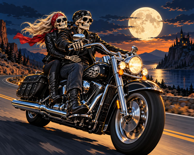 Moonlit Skeleton Bikers on the Canyon Road