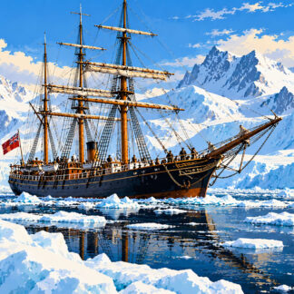 Ships: RRS Discovery Among Icebergs