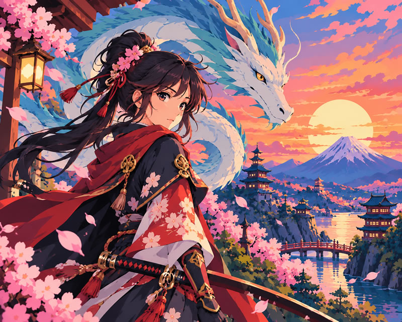 Sakura Dragon Guardian at Sunset