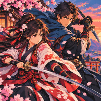 Anime: Samurai at Sunset Under Cherry Blossoms