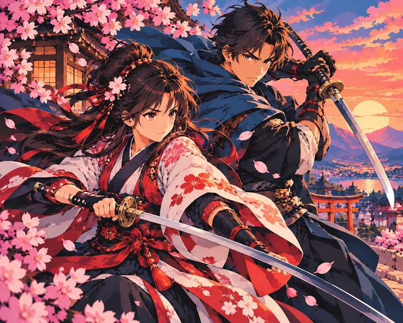 Samurai at Sunset Under Cherry Blossoms
