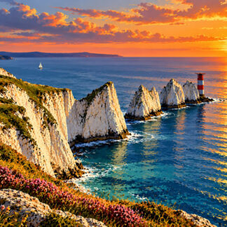 Coastal: Sunset Over The Needles Chalk Sea Stacks