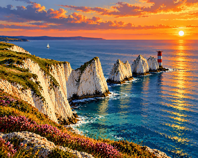 Sunset Over The Needles Chalk Sea Stacks