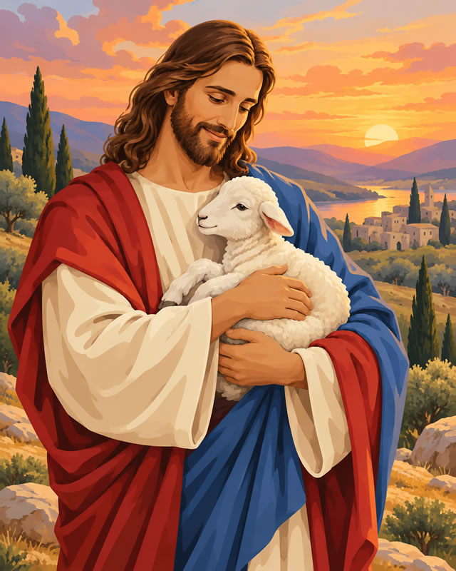 Sunset Shepherd with Lamb