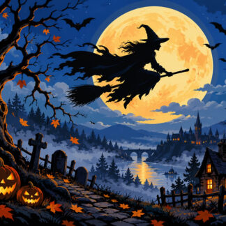 Horror: Witch’s Flight Over Haunted Moonlit Village