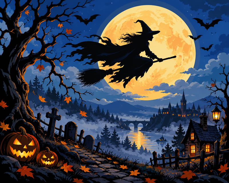 Witch’s Flight Over Haunted Moonlit Village