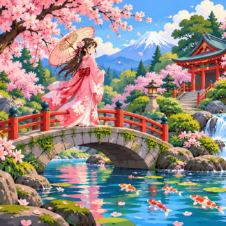 Anime: cherry blossoms over bridge Anime: cherry blossoms over bridge